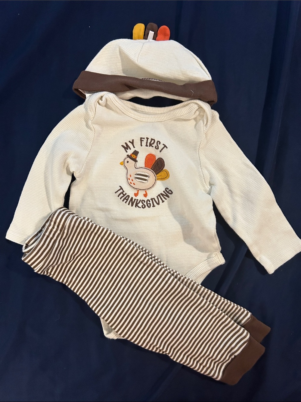 Little Me Cream and Brown Thanksgiving Baby One-Piece with Stripe Pants